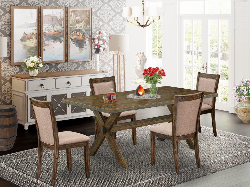 East West Furniture X777MZ716-5 5 Piece Dining Table Set - A Distressed Jacobean Top Kitchen Table with Trestle Base and 4 Dark Khaki Linen Fabric Dining Chairs - Distressed Jacobean Finish