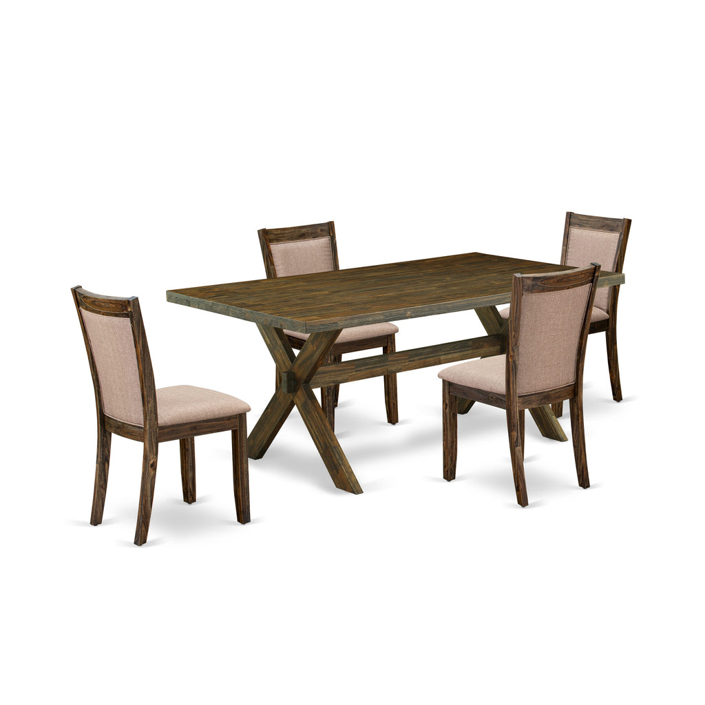 East West Furniture X777MZ716-5 5 Piece Dining Table Set - A Distressed Jacobean Top Kitchen Table with Trestle Base and 4 Dark Khaki Linen Fabric Dining Chairs - Distressed Jacobean Finish