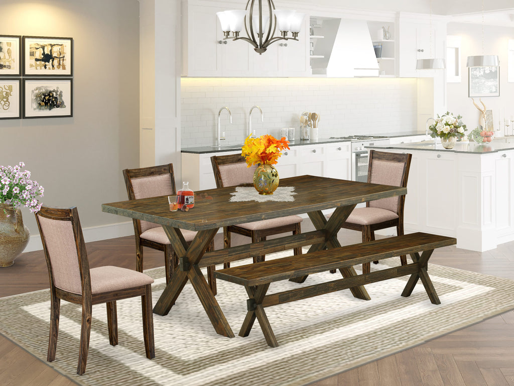East West Furniture X777MZ716-6 6 Piece Dinette Set- A Distressed Jacobean Top Modern Dining Table in Trestle Base with Bench and 4 Dark Khaki Linen Fabric Dining Chairs - Distressed Jacobean Finish