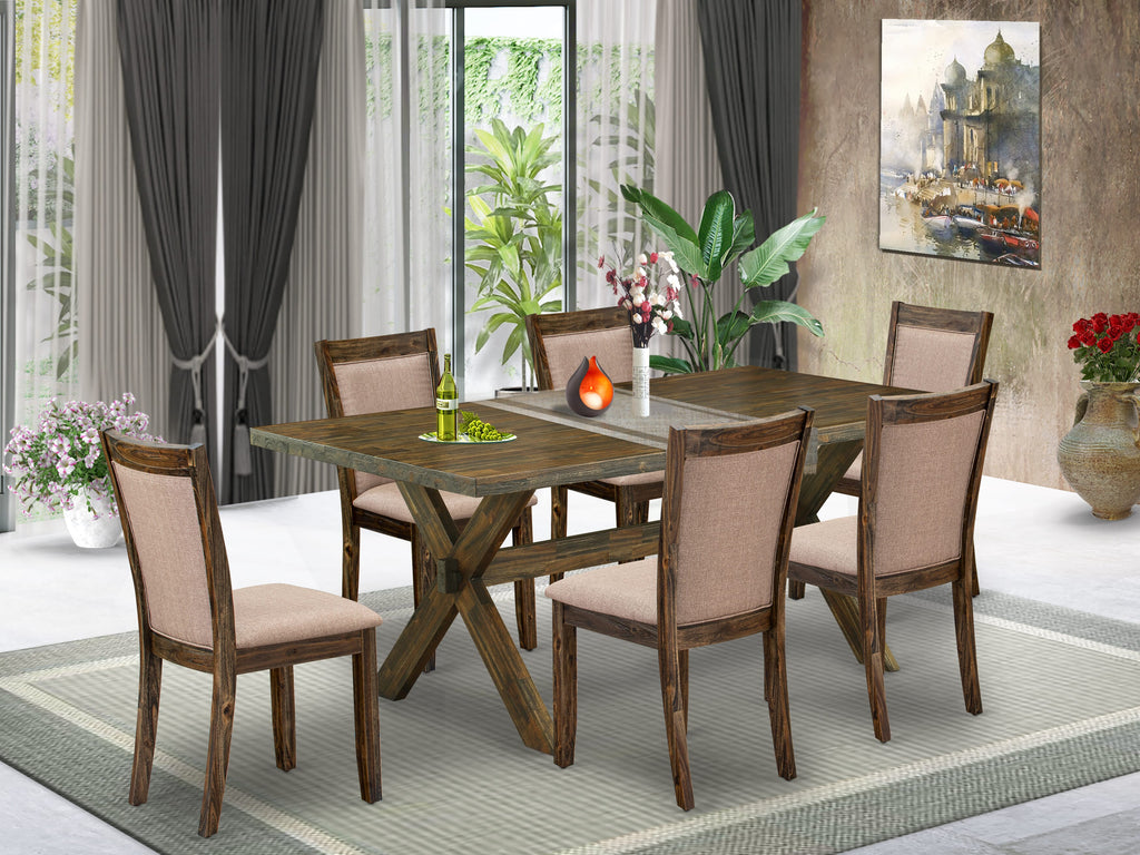 East West Furniture X777MZ716-7 7 Piece Rustic Dining Table Set - A Distressed Jacobean Top Wooden Table with Trestle Base and 6 Dark Khaki Linen Fabric Dining Chairs - Distressed Jacobean Finish