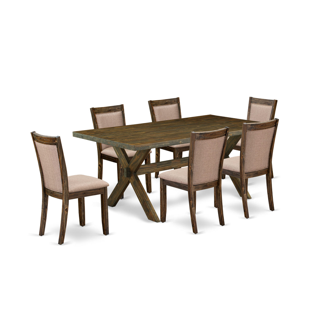 East West Furniture X777MZ716-7 7 Piece Rustic Dining Table Set - A Distressed Jacobean Top Wooden Table with Trestle Base and 6 Dark Khaki Linen Fabric Dining Chairs - Distressed Jacobean Finish