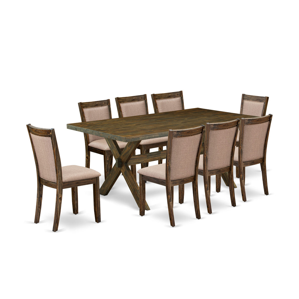 East West Furniture X777MZ716-9 9 Piece Modern Dining Set - A Distressed Jacobean Top Dining Table with Trestle Base and 8 Dark Khaki Linen Fabric Parson Chairs - Distressed Jacobean Finish