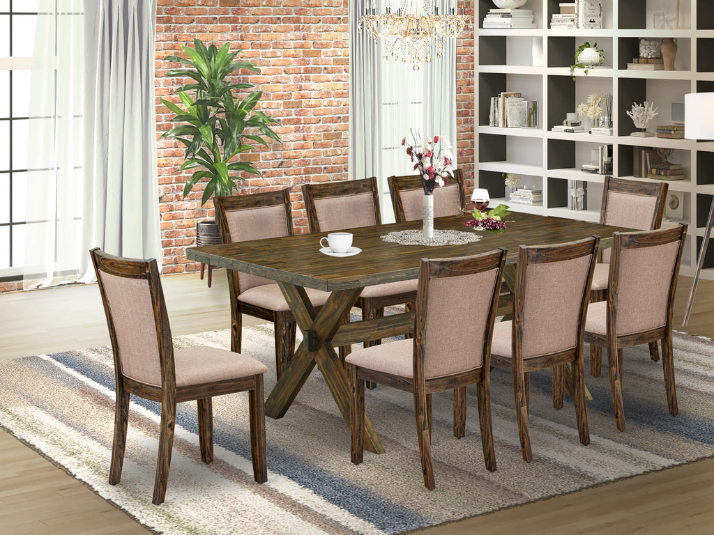 East West Furniture X777MZ716-9 9 Piece Modern Dining Set - A Distressed Jacobean Top Dining Table with Trestle Base and 8 Dark Khaki Linen Fabric Parson Chairs - Distressed Jacobean Finish