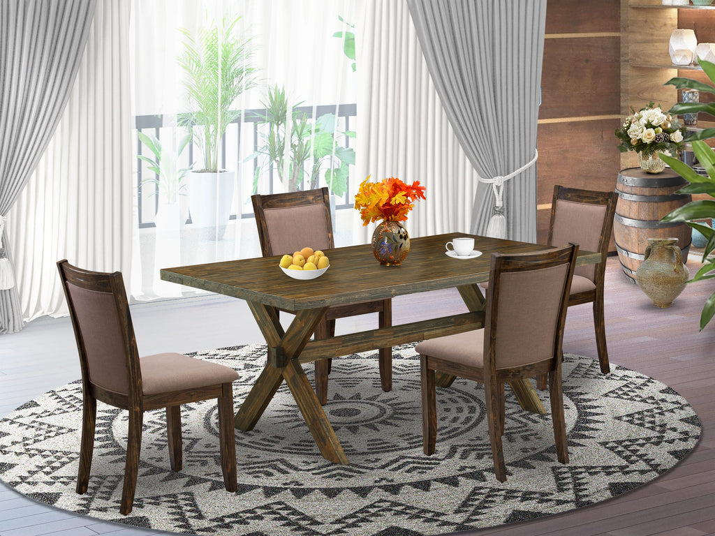 East West Furniture X777MZ748-5 5 Piece Dinning Table Set - A Distressed Jacobean Top Dining Table with Trestle Base and 4 Coffee Linen Fabric Rustic Dining Chairs - Distressed Jacobean Finish