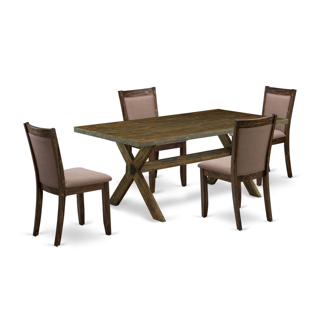 East West Furniture X777MZ748-5 5 Piece Dinning Table Set - A Distressed Jacobean Top Dining Table with Trestle Base and 4 Coffee Linen Fabric Rustic Dining Chairs - Distressed Jacobean Finish