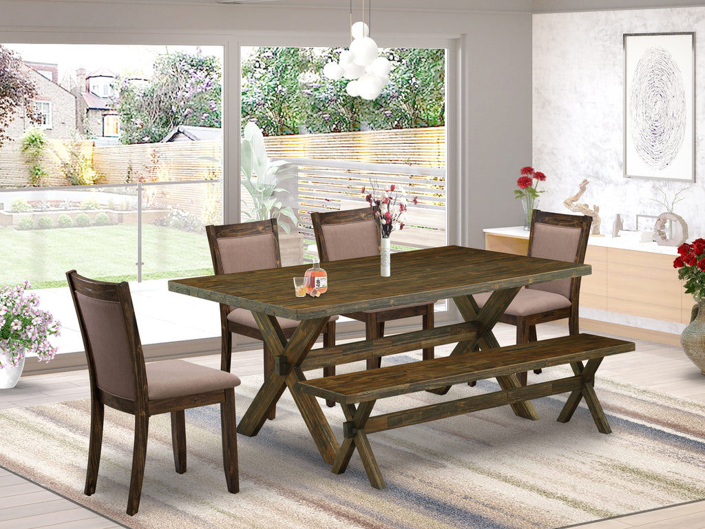 East West Furniture X777MZ748-6 6 Piece Dining Set- A Distressed Jacobean Top Wooden Table in Trestle Base with Small Wood Bench and 4 Coffee Linen Fabric Kitchen Chairs - Distressed Jacobean Finish