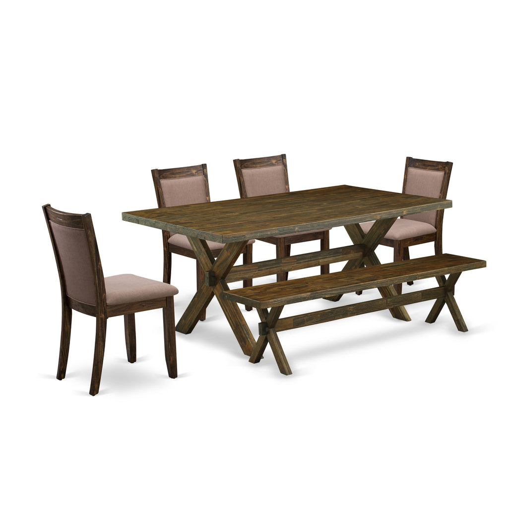 East West Furniture X777MZ748-6 6 Piece Dining Set- A Distressed Jacobean Top Wooden Table in Trestle Base with Small Wood Bench and 4 Coffee Linen Fabric Kitchen Chairs - Distressed Jacobean Finish
