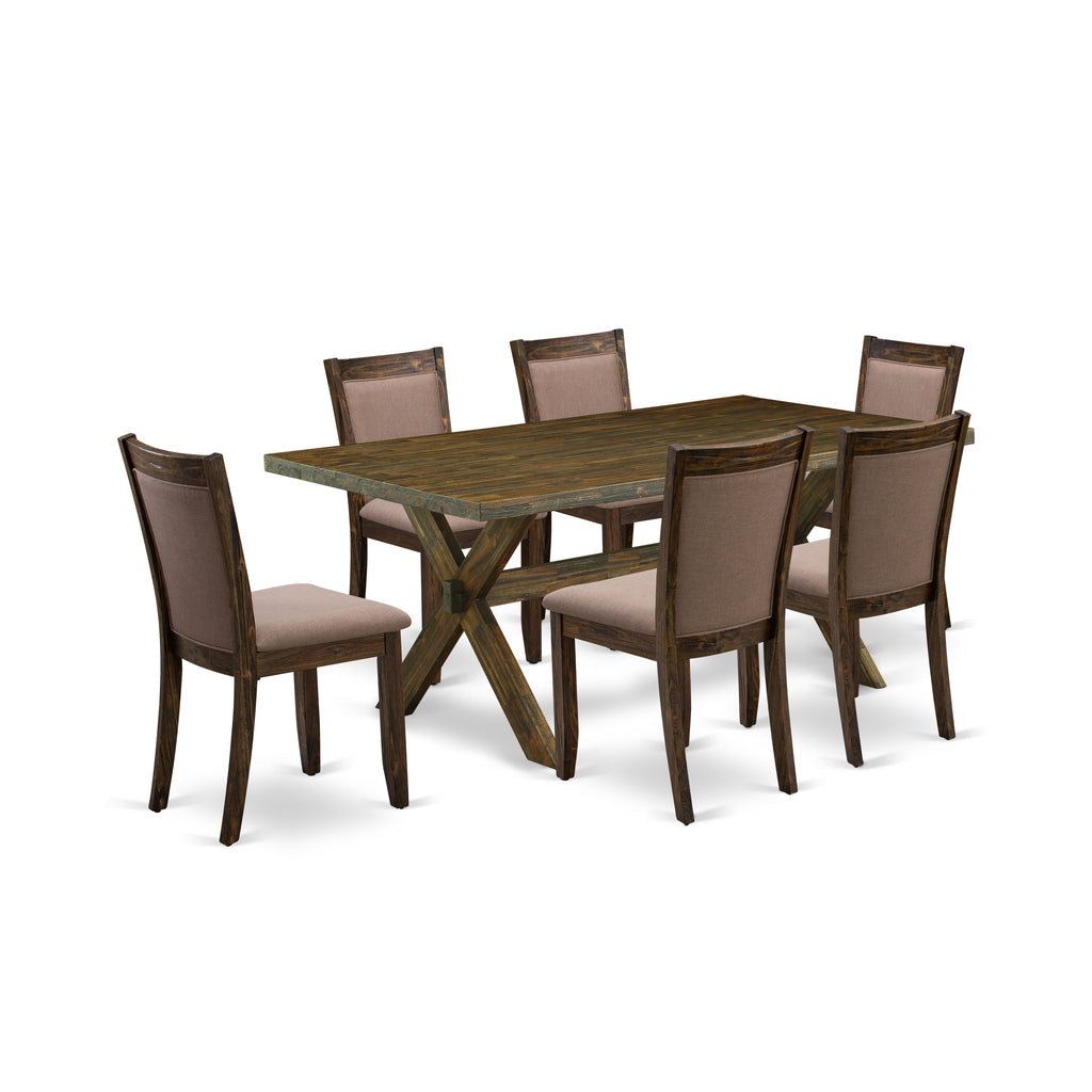 East West Furniture X777MZ748-7 7 Piece Wooden Kitchen Table Set - A Distressed Jacobean Top Dining Table with Trestle Base and 6 Coffee Linen Fabric Wood Dining Chairs - Distressed Jacobean Finish