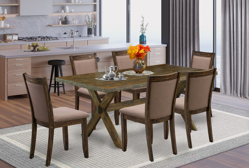 East West Furniture X777MZ748-7 7 Piece Wooden Kitchen Table Set - A Distressed Jacobean Top Dining Table with Trestle Base and 6 Coffee Linen Fabric Wood Dining Chairs - Distressed Jacobean Finish