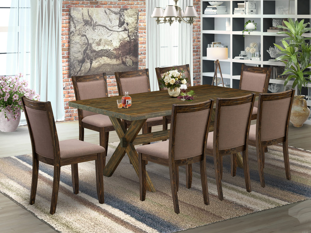 East West Furniture X777MZ748-9 9 Piece Kitchen Table Set - A Distressed Jacobean Top Kitchen Table with Trestle Base and 8 Coffee Linen Fabric Dinner Chairs - Distressed Jacobean Finish