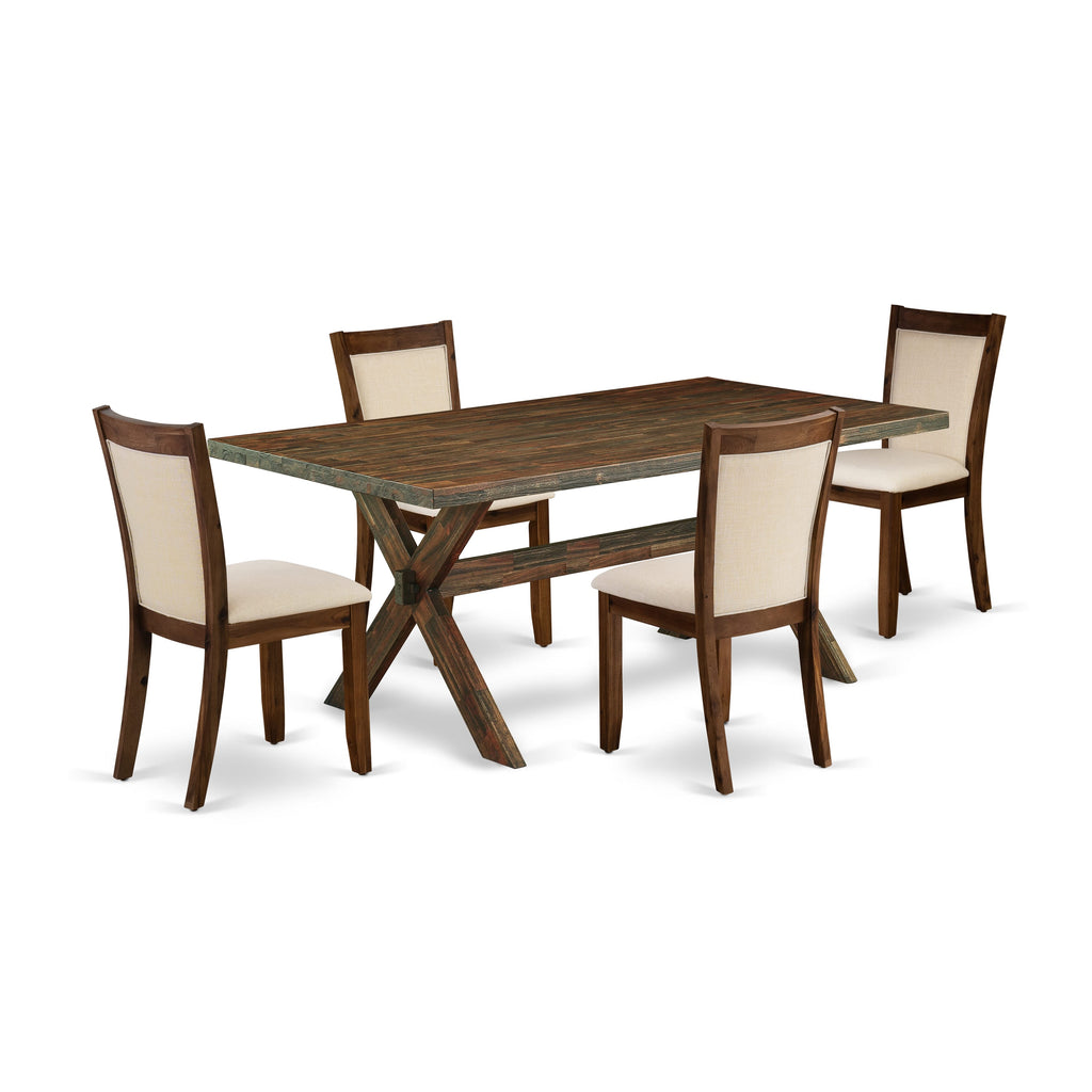 East West Furniture X777MZN32-5 5-Piece Dining Table Set Includes a Rectangular Dining Table and 4 Light Beige Linen Fabric Upholstered Chairs with Stylish Back - Distressed Jacobean Finish