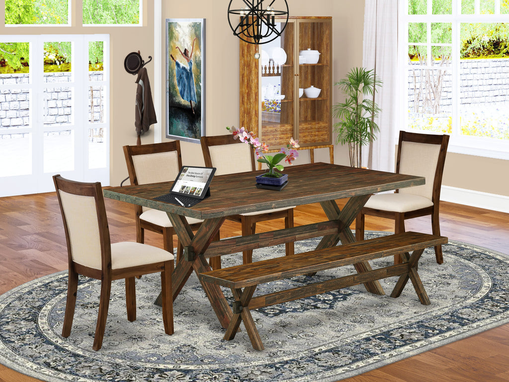 East West Furniture X777MZN32-6 6-Pc Mid Century Dining Set Consists of a Wood Table and a Dinner Bench with 4 Light Beige Linen Fabric Padded Chairs with Stylish Back - Distressed Jacobean Finish