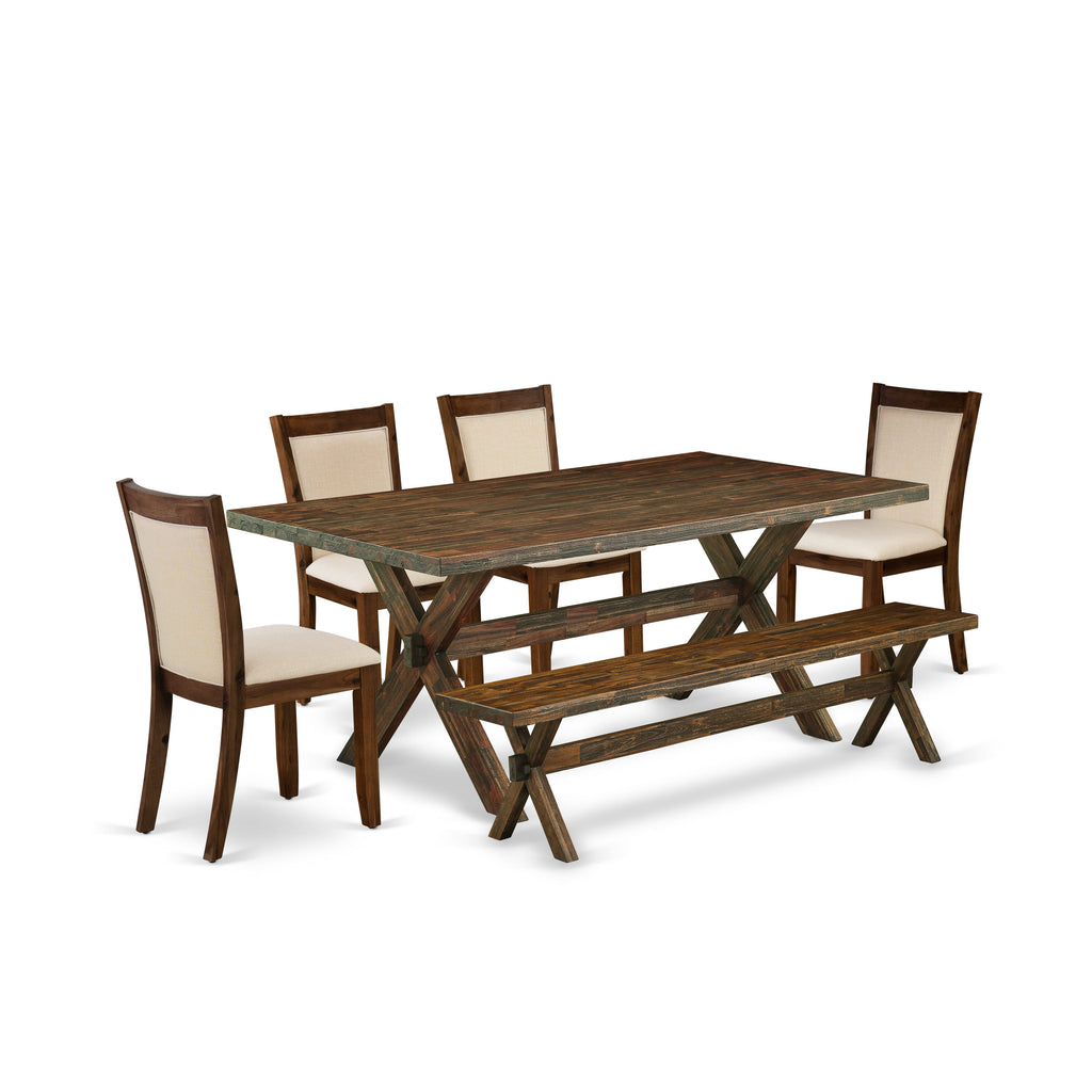 East West Furniture X777MZN32-6 6-Pc Mid Century Dining Set Consists of a Wood Table and a Dinner Bench with 4 Light Beige Linen Fabric Padded Chairs with Stylish Back - Distressed Jacobean Finish