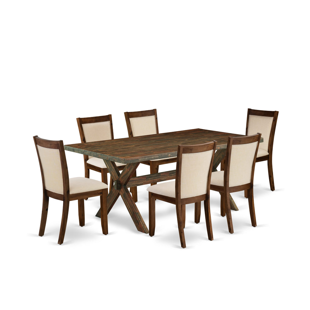 East West Furniture X777MZN32-7 7-Piece Dining Table Set Contains a Wooden Table and 6 Light Beige Linen Fabric Mid Century Dining Chairs with Stylish Back - Distressed Jacobean Finish