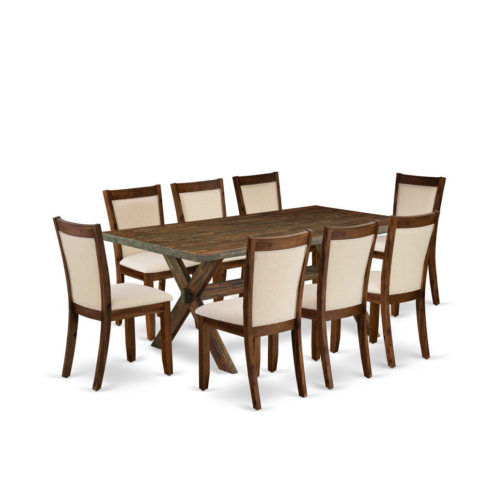 East West Furniture X777MZN32-9 9-Pc Kitchen Table Set Includes a Wooden Dining Table and 8 Light Beige Linen Fabric Mid Century Dining Chairs with Stylish Back - Distressed Jacobean Finish