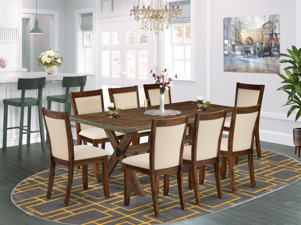 East West Furniture X777MZN32-9 9-Pc Kitchen Table Set Includes a Wooden Dining Table and 8 Light Beige Linen Fabric Mid Century Dining Chairs with Stylish Back - Distressed Jacobean Finish