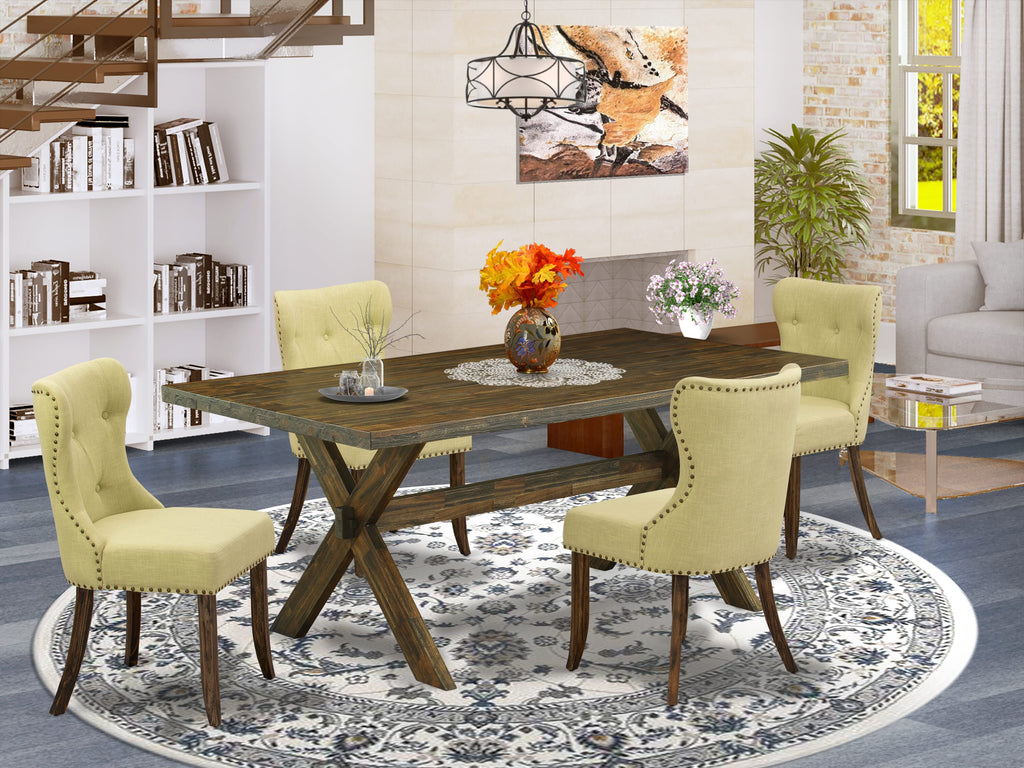 East West Furniture X777SI737-5 5-Pc Dining Room Set- 4 Parson Dining Chairs with Limelight Linen Fabric Seat and Button Tufted Chair Back - Rectangular Table (Distressed Jacobean Finish)