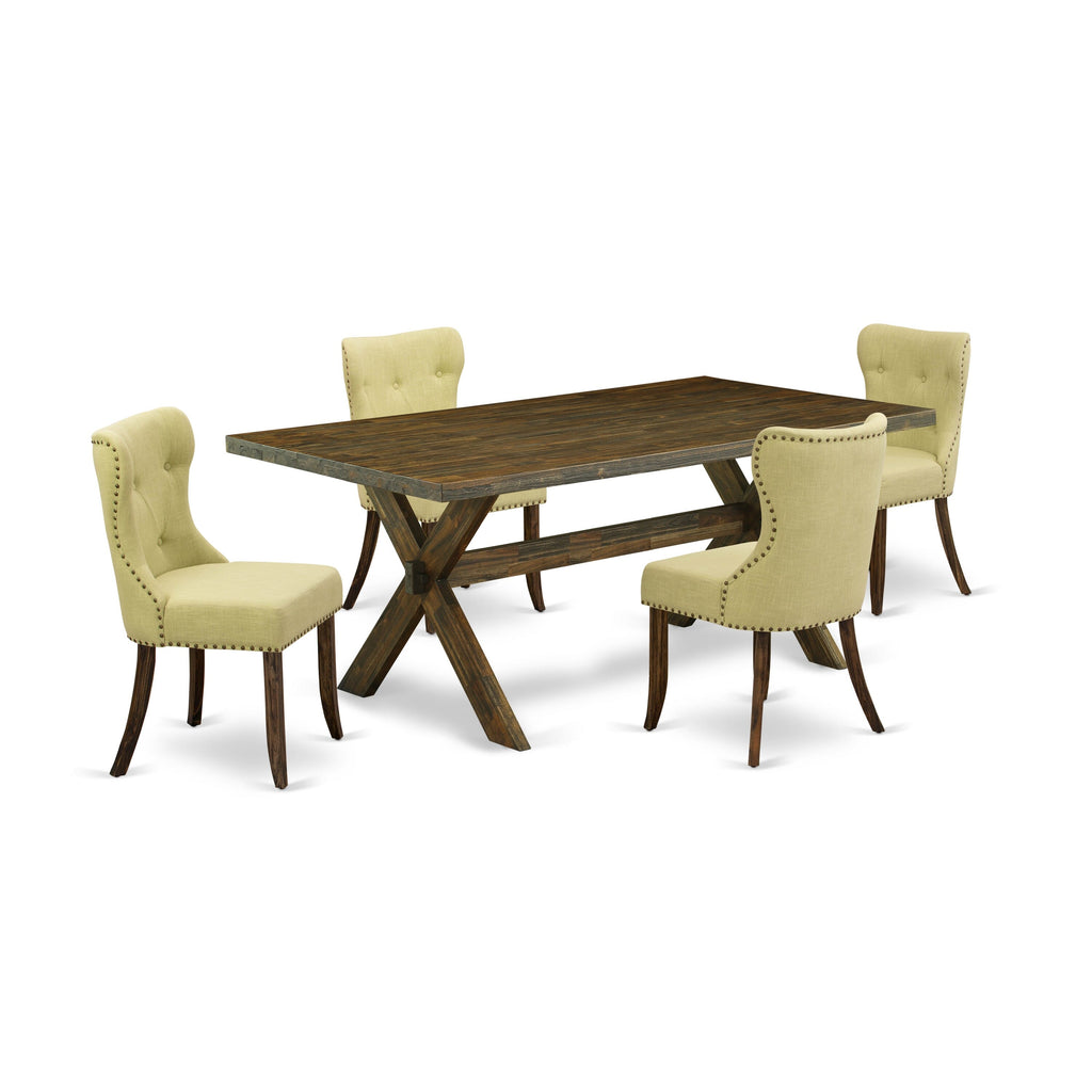 East West Furniture X777SI737-5 5-Pc Dining Room Set- 4 Parson Dining Chairs with Limelight Linen Fabric Seat and Button Tufted Chair Back - Rectangular Table (Distressed Jacobean Finish)
