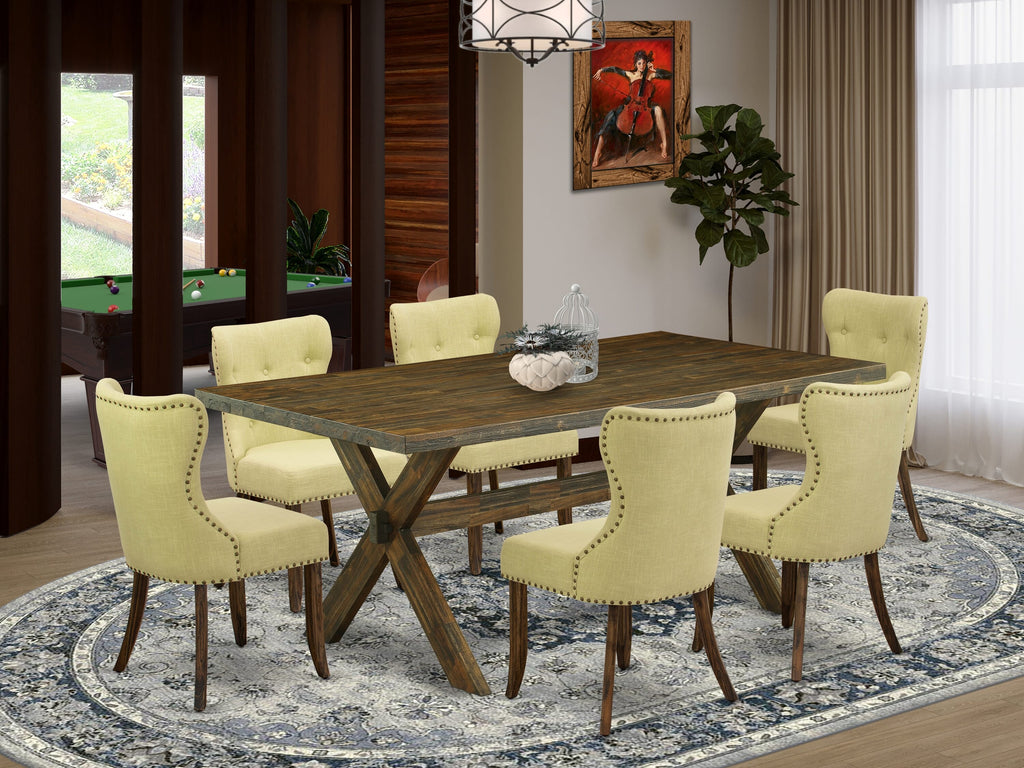 East West Furniture X777SI737-7 7-Pc Dining Table Set- 6 Upholstered Dining Chairs with Limelight Linen Fabric Seat and Button Tufted Chair Back - Rectangular Table top & Wooden Cross Legs (Distressed Jacobean Finish)
