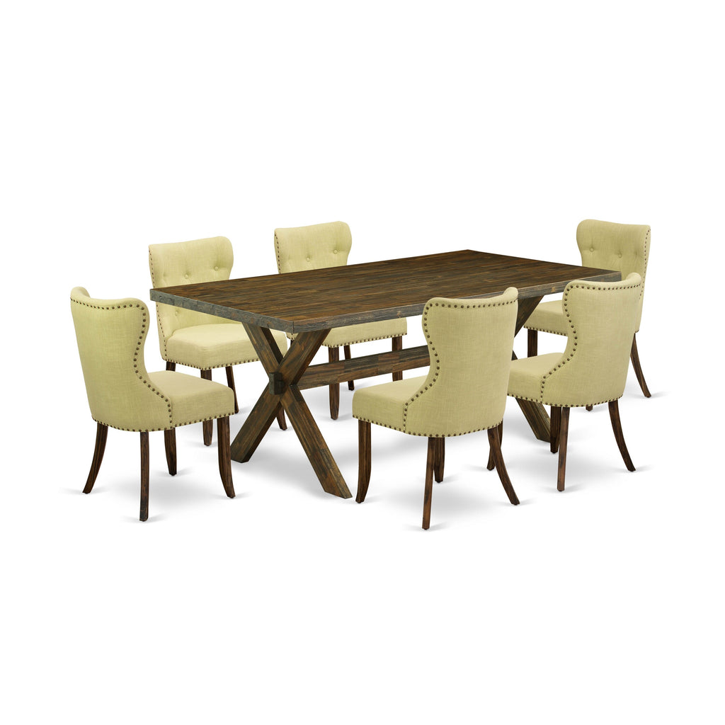 East West Furniture X777SI737-7 7-Pc Dining Table Set- 6 Upholstered Dining Chairs with Limelight Linen Fabric Seat and Button Tufted Chair Back - Rectangular Table top & Wooden Cross Legs (Distressed Jacobean Finish)