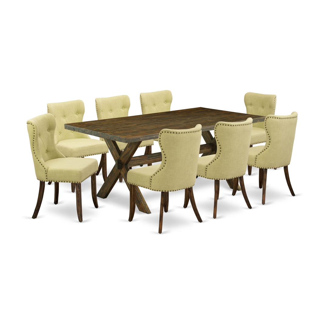 East West Furniture 9-Pc Kitchen Dining Set- 8 Dining Chair with Limelight Linen Fabric Seat and Button Tufted Chair Back - Rectangular Table top & Wooden Cross Legs (Distressed Jacobean Finish)