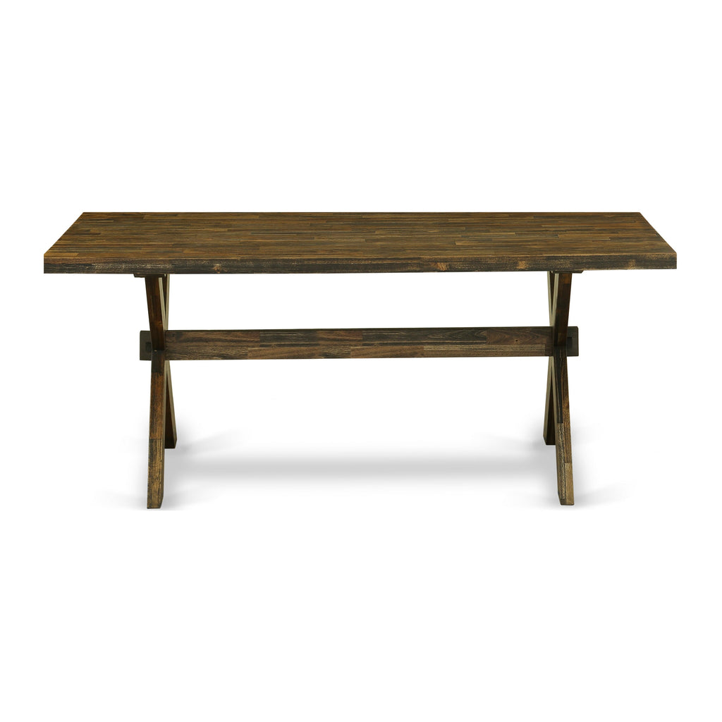 East West Furniture X777MZN32-6 6-Pc Mid Century Dining Set Consists of a Wood Table and a Dinner Bench with 4 Light Beige Linen Fabric Padded Chairs with Stylish Back - Distressed Jacobean Finish