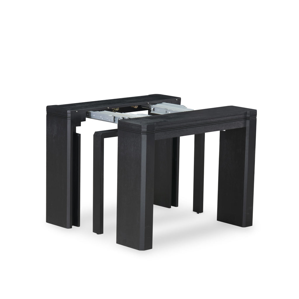 Luxe East West Furniture X07X1-BC6-24 10-piece Modern Dining Room Table Set a Rectangular Dining Table with a coffee Table and a wooden Bench and 7 Black Linen Fabric Stackable Chair, Wire Brushed Black Finish.