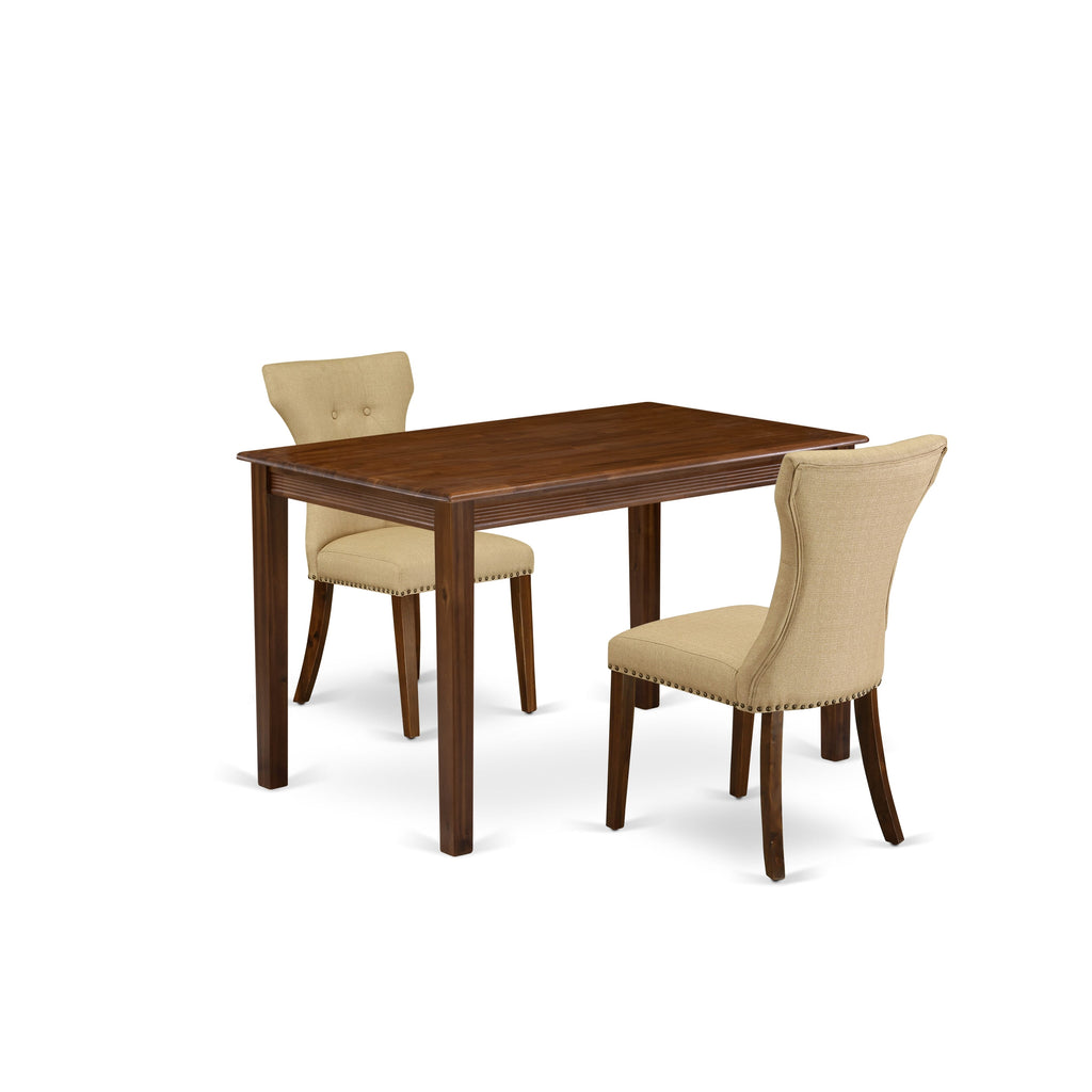 East West Furniture YAGA3-AWA-03 3 Piece Dining Set Includes a Rectangle Kitchen Dining Table and 2 Upholstered Parson Chairs, 30x48 Inch, Antique Walnut