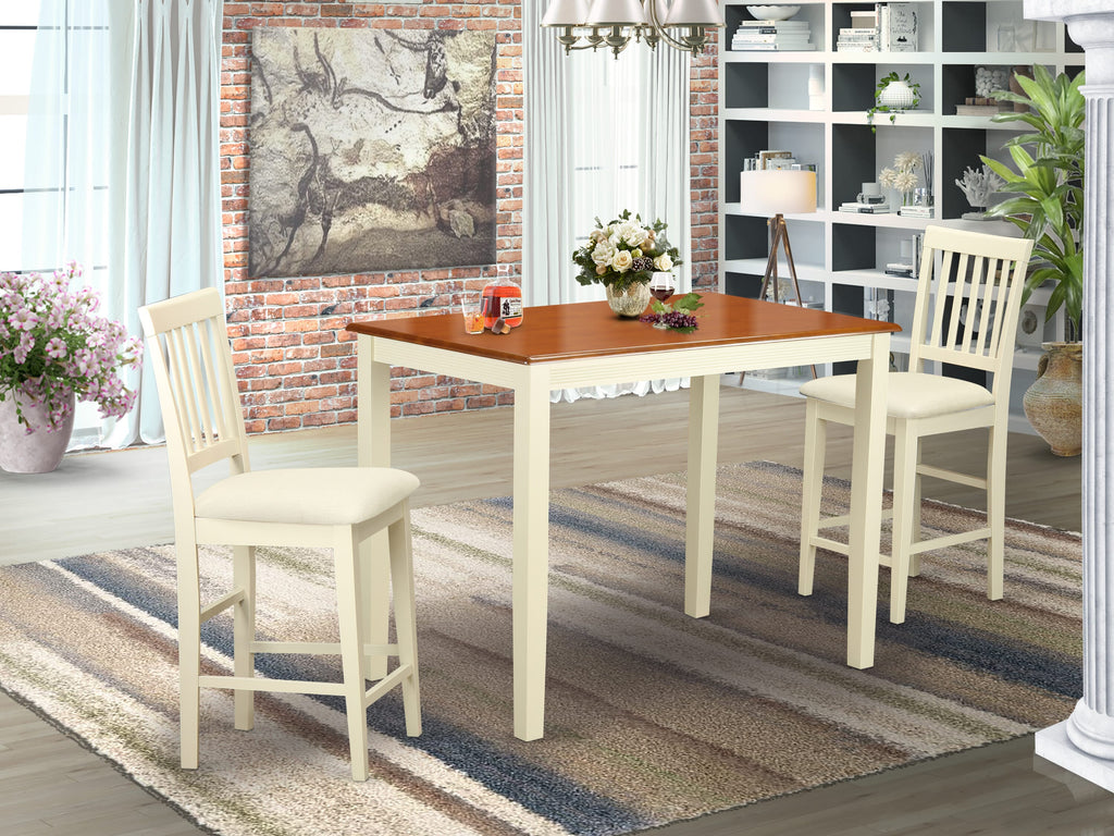 East West Furniture YAVN3-WHI-C 3 Piece Kitchen Counter Height Dining Table Set Contains a Rectangle Pub Table and 2 Linen Fabric Upholstered Chairs, 30x48 Inch, Buttermilk & Cherry