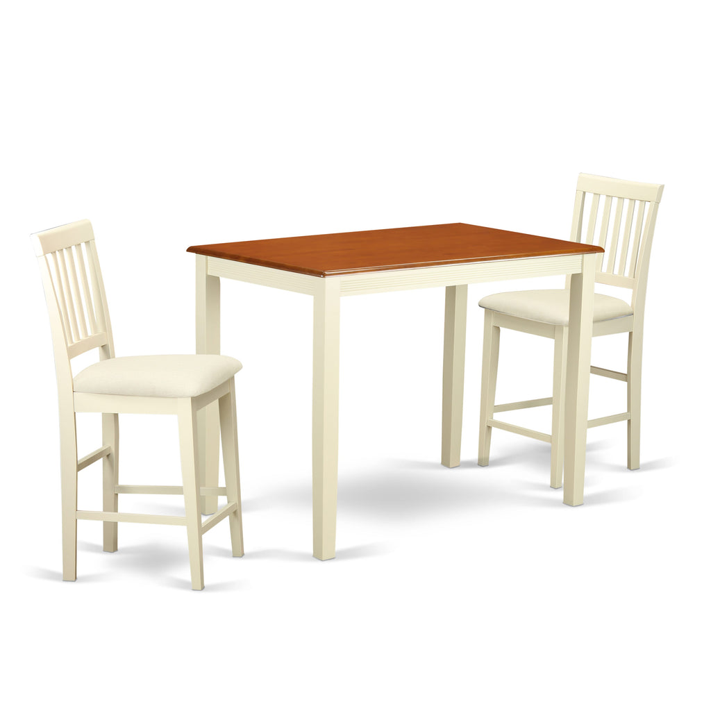 East West Furniture YAVN3-WHI-C 3 Piece Kitchen Counter Height Dining Table Set Contains a Rectangle Pub Table and 2 Linen Fabric Upholstered Chairs, 30x48 Inch, Buttermilk & Cherry