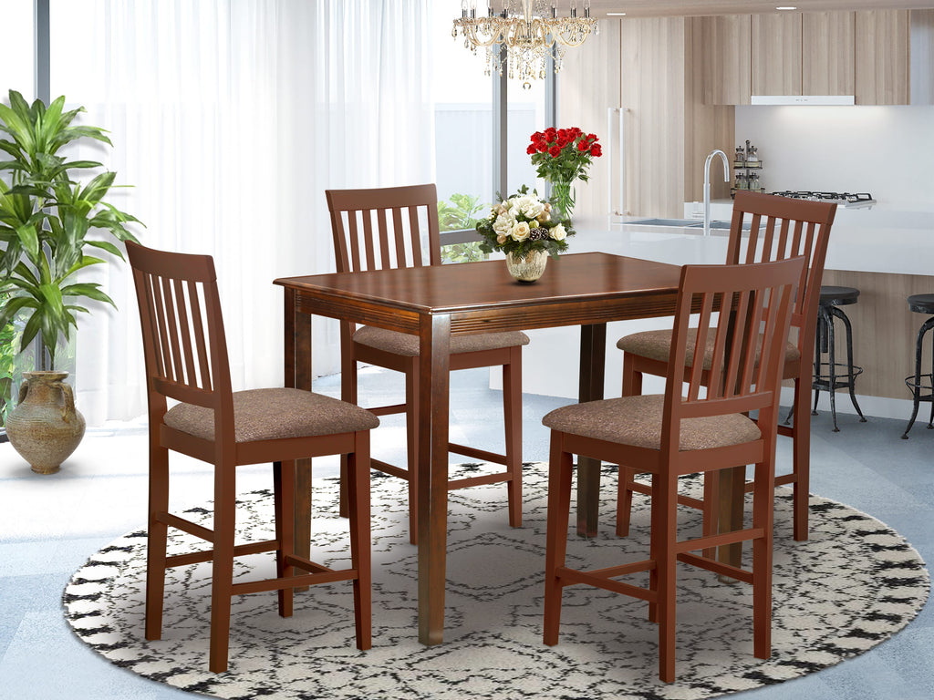 East West Furniture YAVN5-MAH-C 5 Piece Counter Height Pub Set Includes a Rectangle Dining Table and 4 Linen Fabric Kitchen Dining Chairs