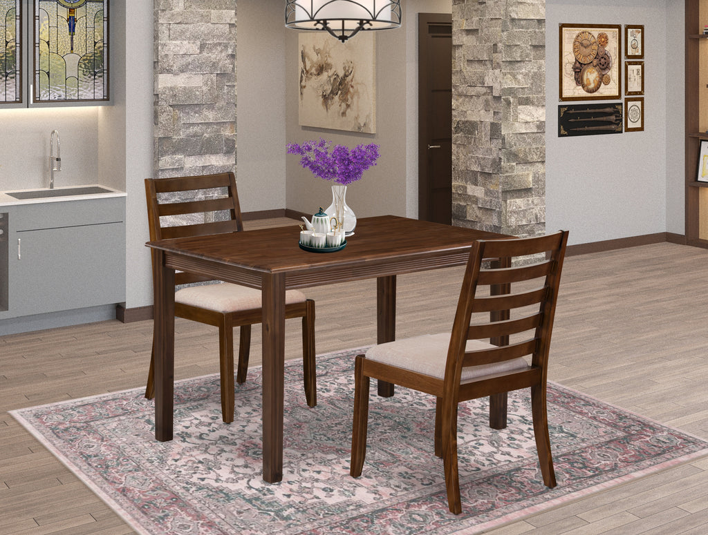 East West Furniture YAX13-AWA-04 - 3-piece kitchen table set consists of a breakfast table with Antique Walnut top and 2 stackable chairs with Light Tan Linen Fabric - Antique Walnut