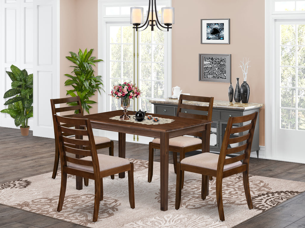 East West Furniture YAX15-AWA-04 - 5-piece dining room set consists of a kitchen table with Antique Walnut top and 4 stackable chairs with Light Tan Linen Fabric - Antique Walnut