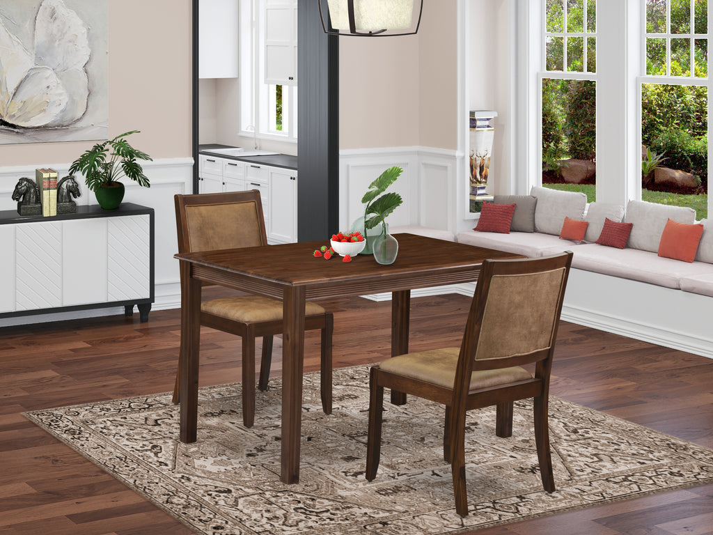 East West Furniture YAX23-AWA-28 - 3-piece kitchen dining set consists of a wooden table with Antique Walnut top and 2 stackable chairs with brown textured Faux Leather - Antique Walnut