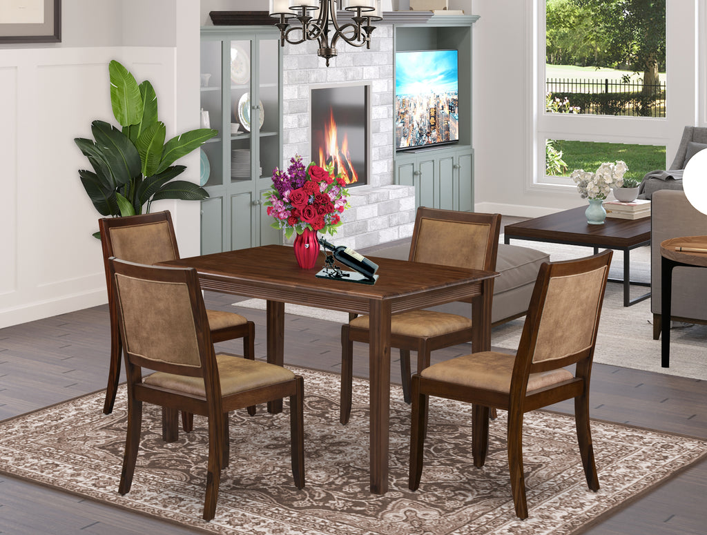 East West Furniture YAX25-AWA-28 - 5-piece dining table set consists of a dining table with Antique Walnut top and 4 stackable chairs with brown textured Faux Leather - Antique Walnut