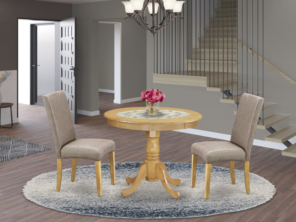 East West Furniture ANDR3-OAK-16 3 Piece Dining Table Set Contains a Round Kitchen Table with Pedestal and 2 Dark Khaki Linen Fabric Upholstered Kitchen Chairs, 36x36 Inch, Oak