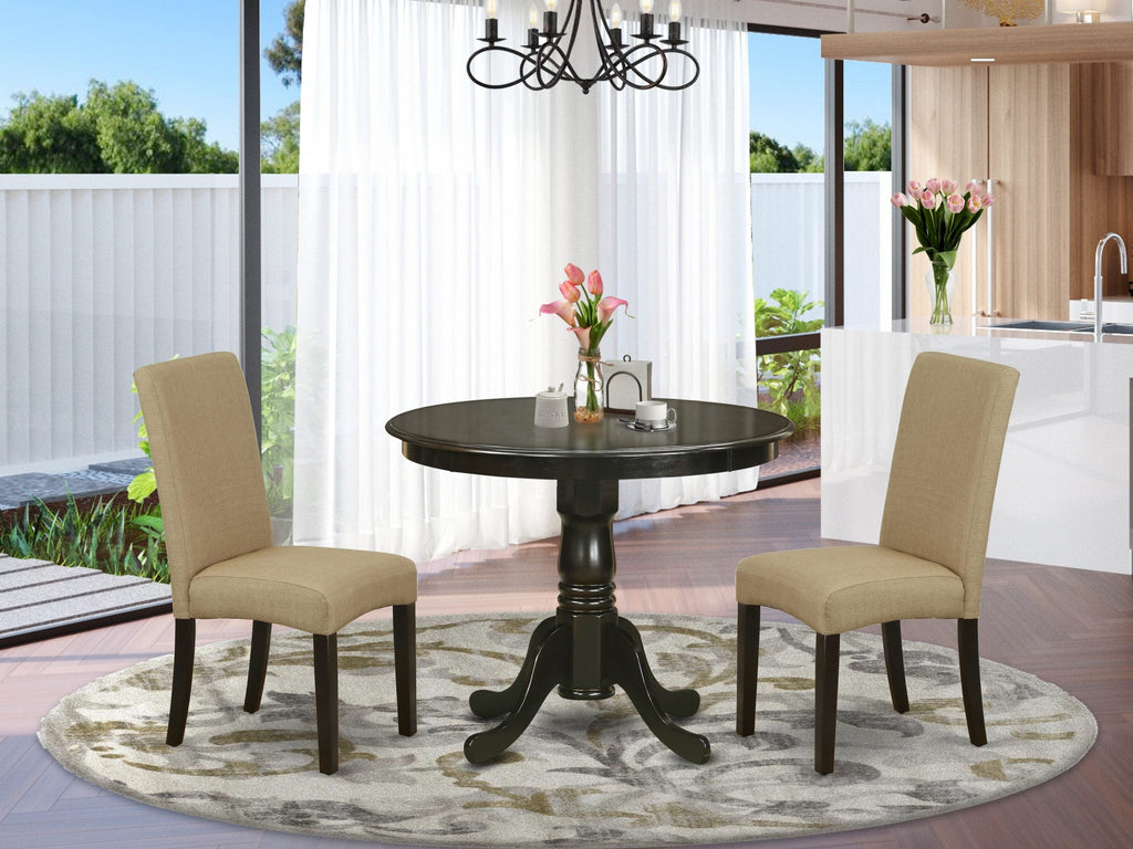 East West Furniture ANDR3-CAP-03 3 Piece Dining Room Table Set Contains a Round Kitchen Table with Pedestal and 2 Brown Linen Fabric Parsons Dining Chairs, 36x36 Inch, Cappuccino