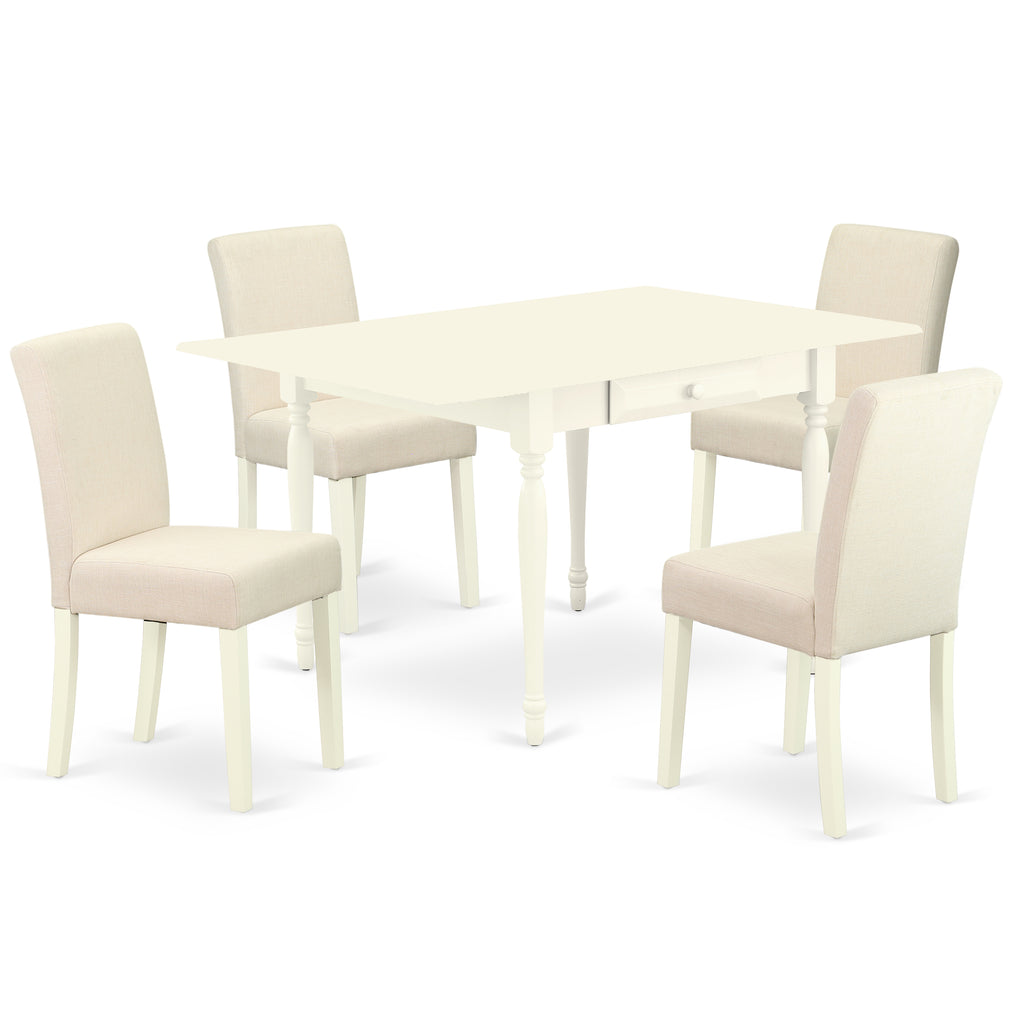 East West Furniture 1MZAB5-LWH-02 5 Piece Dining Room Furniture Set Includes a Rectangle Dining Table with Dropleaf and 4 Light Beige Linen Fabric Upholstered Chairs, 36x54 Inch, Linen White