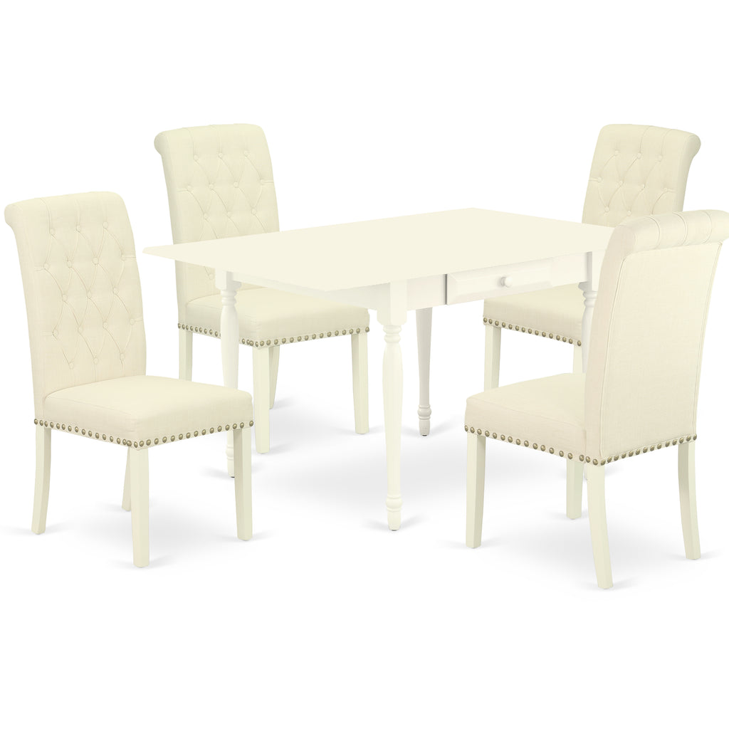 East West Furniture 1MZBR5-LWH-02 5 Piece Dining Set Includes a Rectangle Dining Room Table with Dropleaf and 4 Light Beige Linen Fabric Upholstered Chairs, 36x54 Inch, Linen White