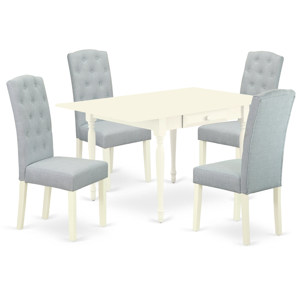 East West Furniture 1MZCE5-LWH-15 5 Piece Dining Table Set Includes a Rectangle Kitchen Table with Dropleaf and 4 Baby Blue Linen Fabric Upholstered Chairs, 36x54 Inch, Linen White