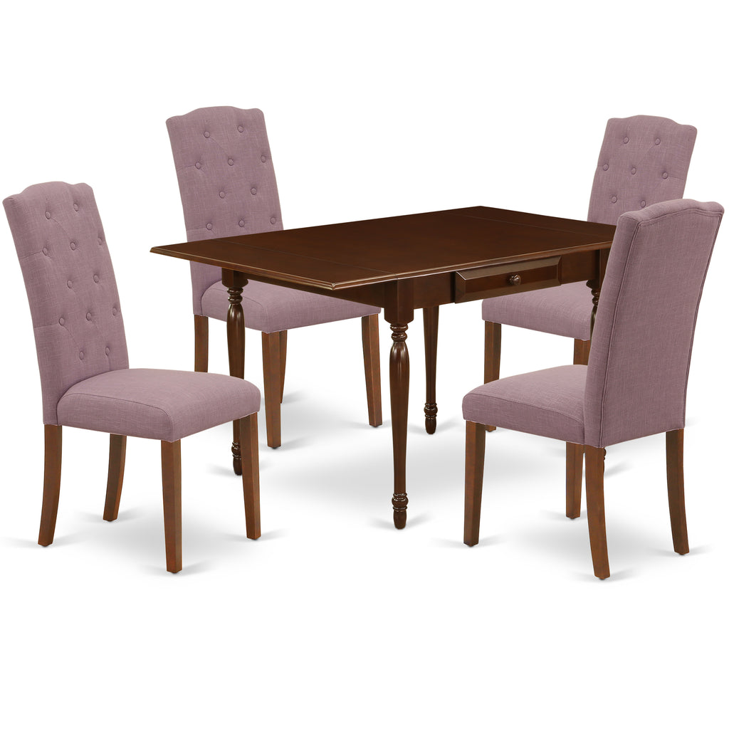 East West Furniture 1MZCE5-MAH-10 5 Piece Kitchen Table & Chairs Set Includes a Rectangle Dining Room Table with Dropleaf and 4 Dahlia Linen Fabric Upholstered Chairs, 36x54 Inch, Mahogany