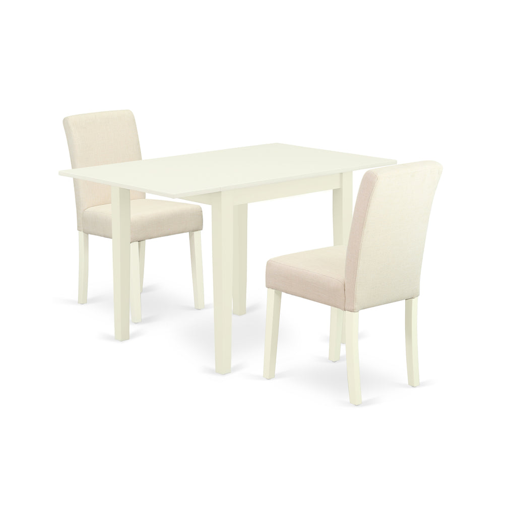 East West Furniture 1NDAB3-LWH-02 3 Piece Kitchen Table Set Contains a Rectangle Dining Room Table with Dropleaf and 2 Light Beige Linen Fabric Parson Dining Chairs, 30x48 Inch, Linen White