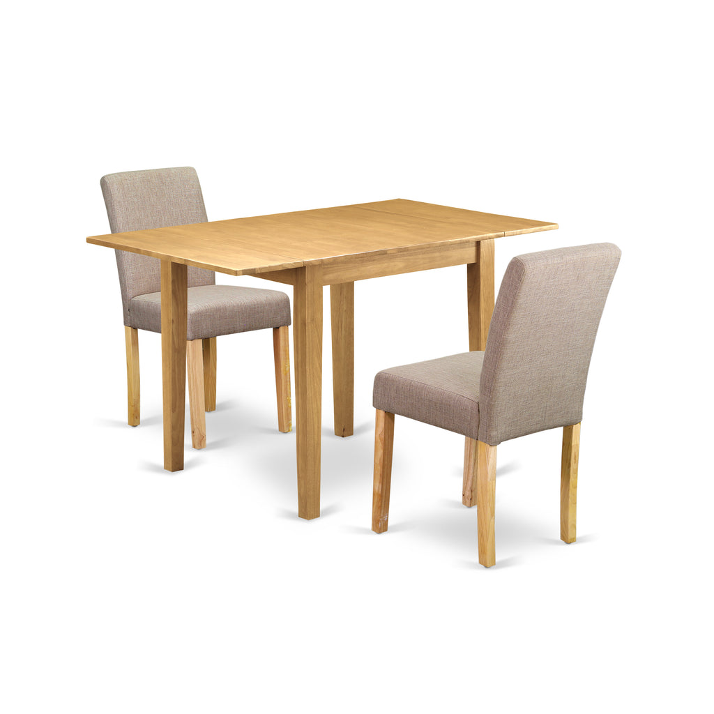 East West Furniture 1NDAB3-OAK-04 3 Piece Kitchen Table Set Contains a Rectangle Dining Table with Dropleaf and 2 Light Tan Linen Fabric Parson Dining Room Chairs, 30x48 Inch, Oak