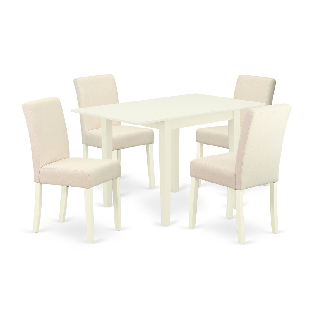 East West Furniture 1NDAB5-LWH-02 5 Piece Modern Dining Table Set Includes a Rectangle Wooden Table with Dropleaf and 4 Light Beige Linen Fabric Upholstered Chairs, 30x48 Inch, Linen White