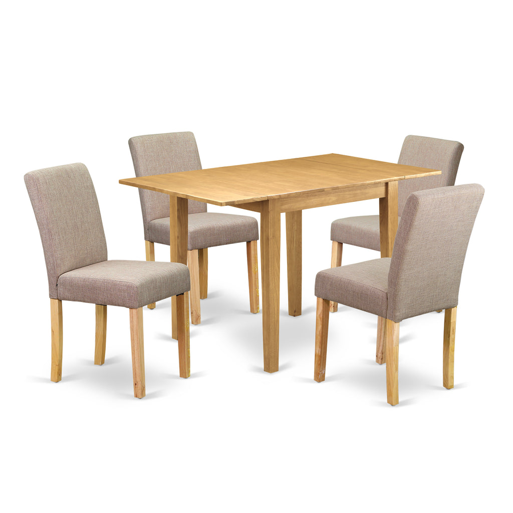 East West Furniture 1NDAB5-OAK-04 5 Piece Dining Set Includes a Rectangle Dining Room Table with Dropleaf and 4 Light Tan Linen Fabric Upholstered Parson Chairs, 30x48 Inch, Oak