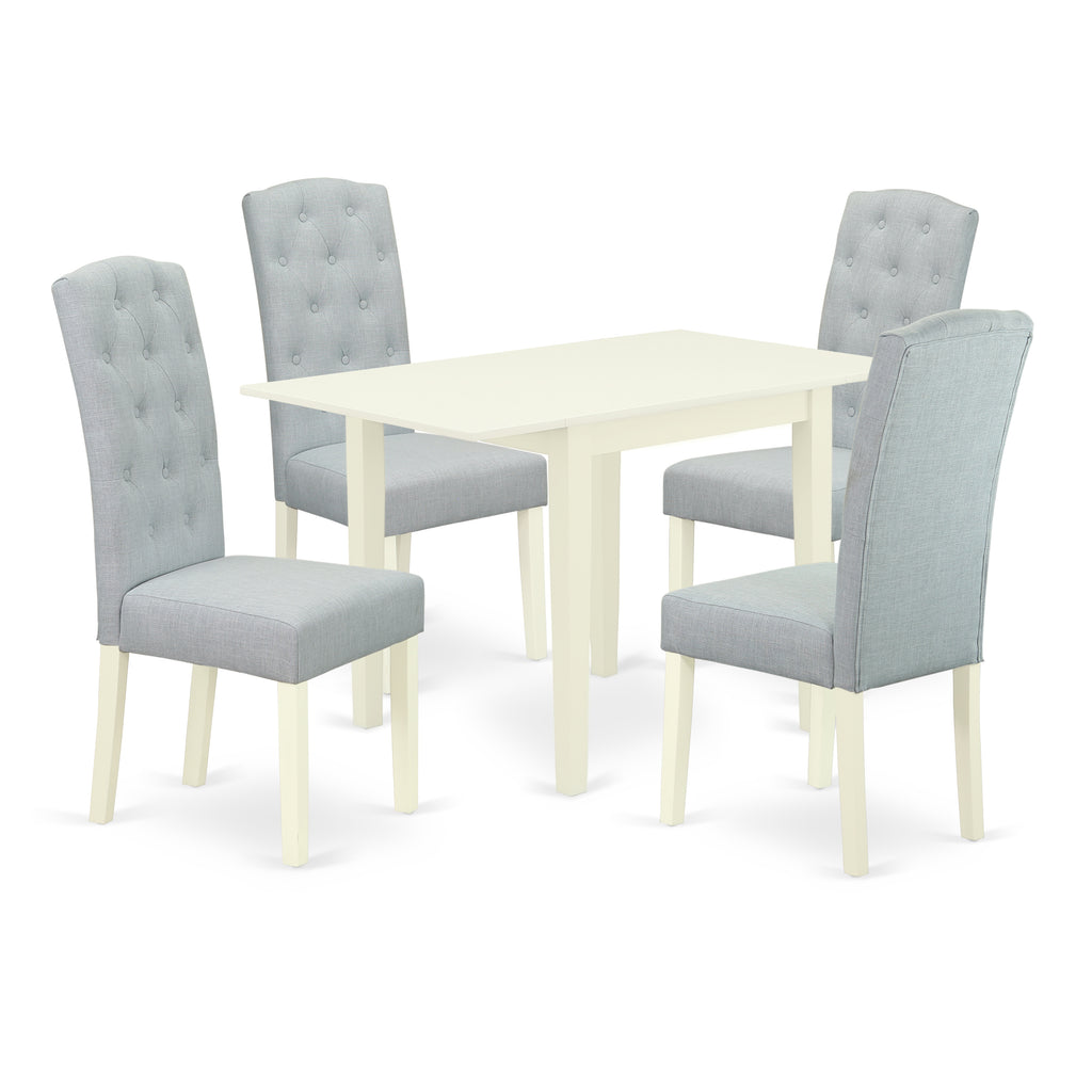 East West Furniture 1NDCE5-LWH-15 5 Piece Dining Table Set Includes a Rectangle Kitchen Table with Dropleaf and 4 Baby Blue Linen Fabric Upholstered Chairs, 30x48 Inch, Linen White