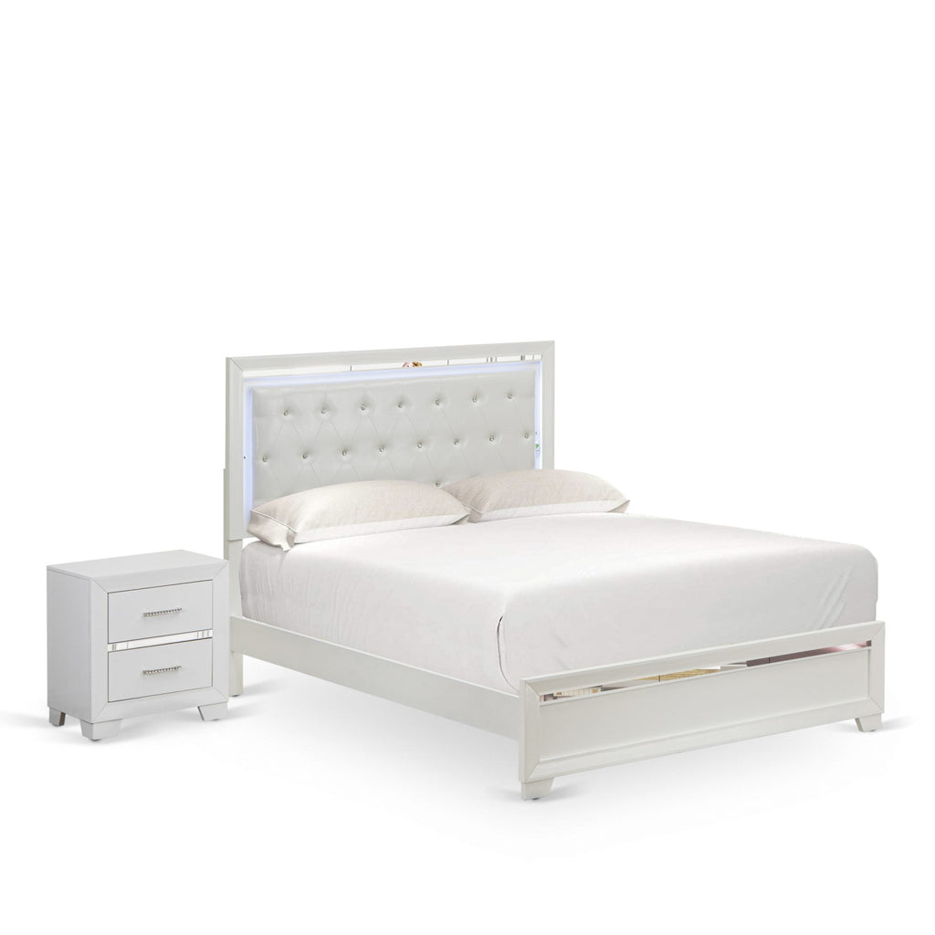 East West Furniture PA05-Q1N000 Pandora 2 Piece Wooden queen bedroom set with a queen bed frames, 1 Modern Nightstands - White Finish