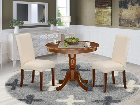 East West Furniture ANDR3-MAH-01 3 Piece Dining Room Table Set Contains a Round Kitchen Table with Pedestal and 2 Cream Linen Fabric Upholstered Parson Chairs, 36x36 Inch, Mahogany