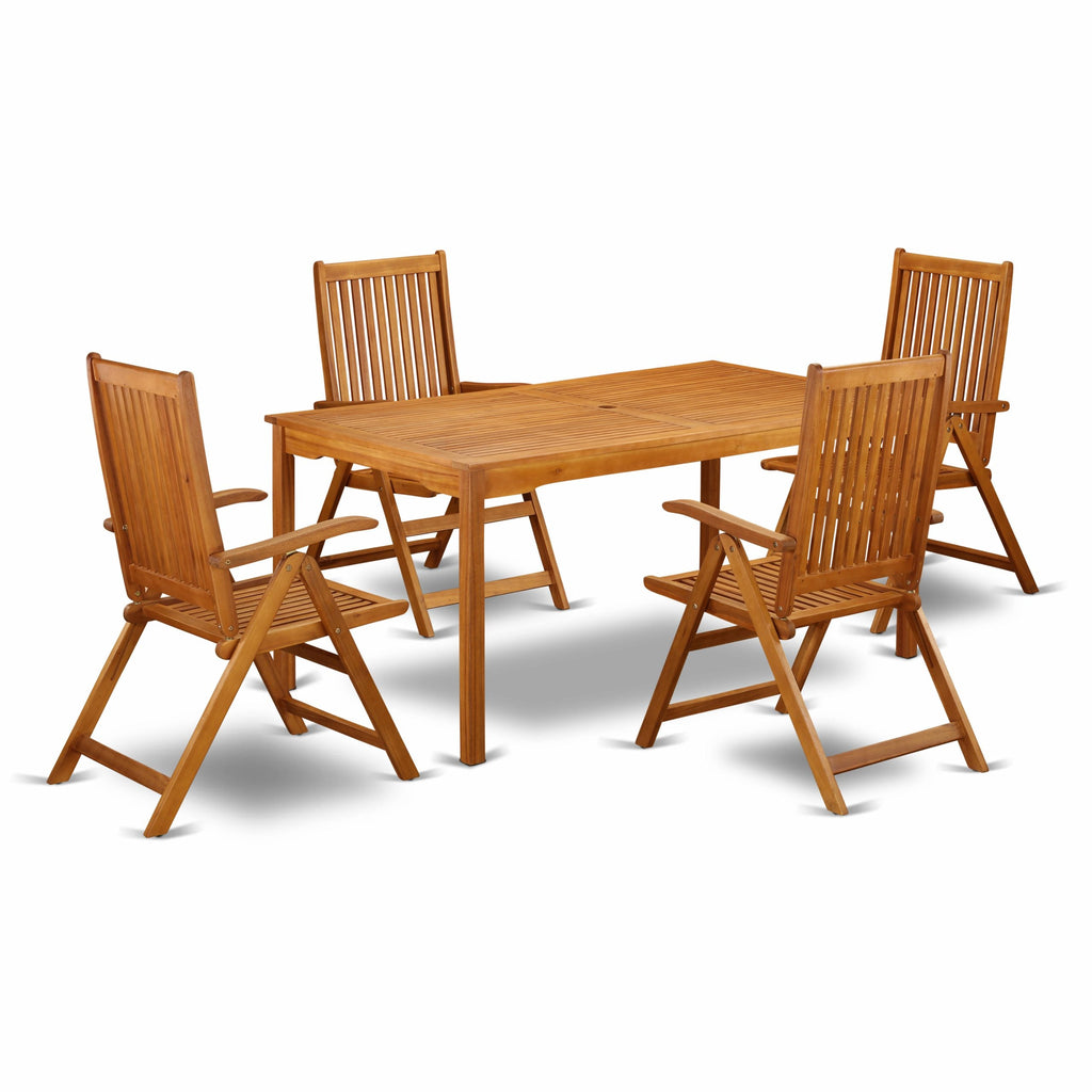 East West Furniture CMCN5NC5N 5 Piece Patio Garden Table Set Includes a Rectangle Outdoor Acacia Wood Dining Table and 4 Folding Adjustable Arm Chairs, 36x66 Inch, Natural Oil
