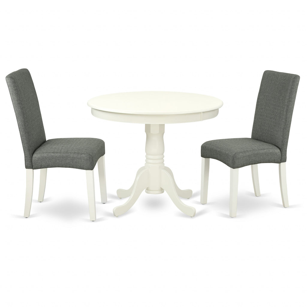 East West Furniture ANDR3-LWH-07 3 Piece Modern Dining Table Set Contains a Round Kitchen Table with Pedestal and 2 Gray Linen Fabric Parsons Dining Chairs, 36x36 Inch, Linen White